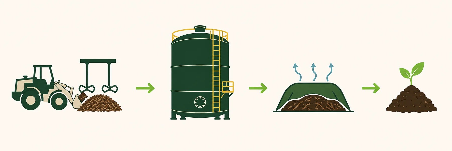 Acondicionamiento con cargador y mezcla, reactor TerraFermenta, enfriamiento y utilización de la composta, conectados por flechas.