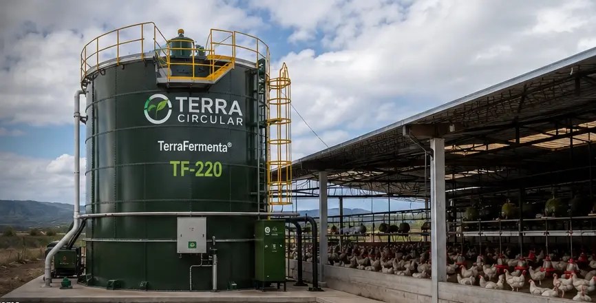 Reactor TerraFermenta TF-220 instalado junto a una nave avícola.